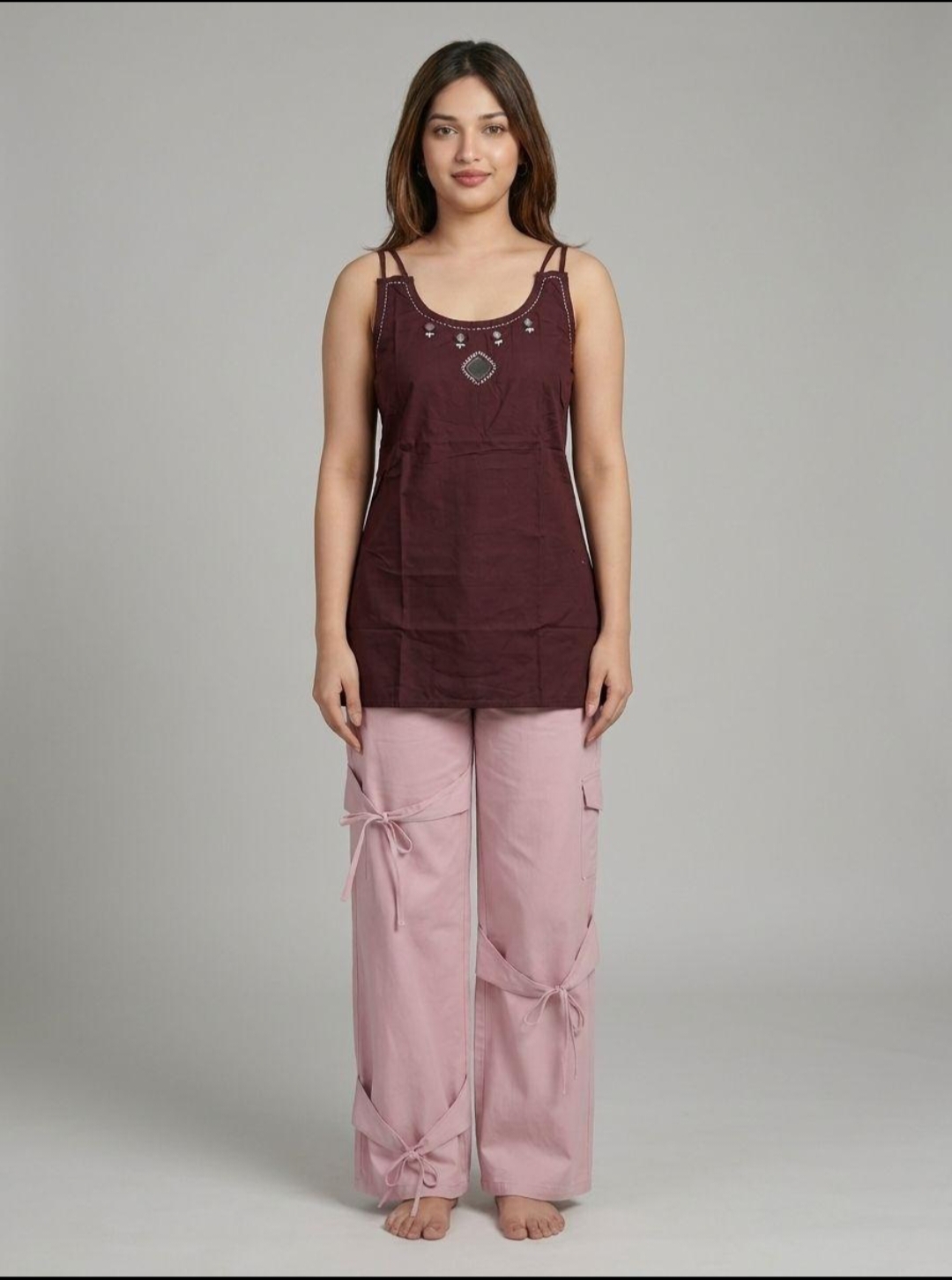 Pure Cotton Sleeveless Short Kurti Spaghetti Straps and Mirror Work