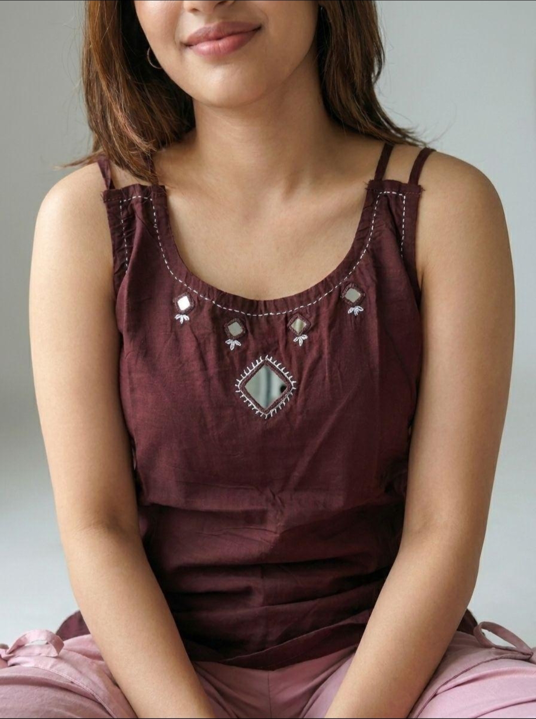 Pure Cotton Sleeveless Short Kurti Spaghetti Straps and Mirror Work - Image 2