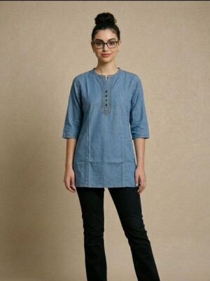 Women Blue Denim Short Kurti Top