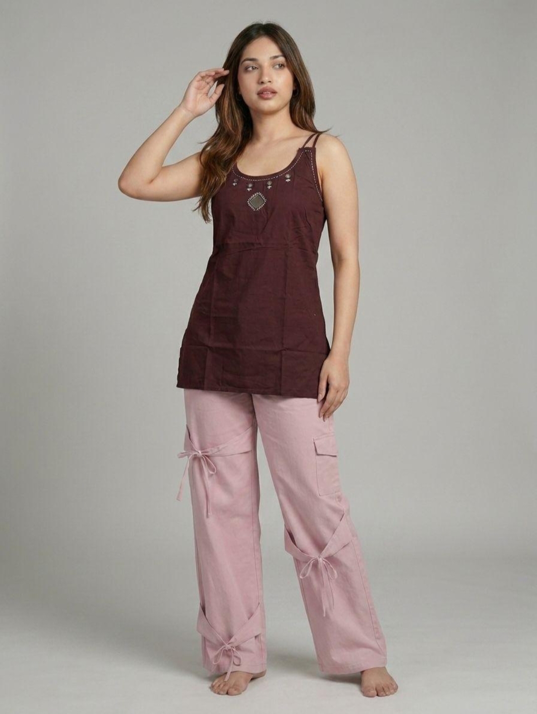 Pure Cotton Sleeveless Short Kurti Spaghetti Straps and Mirror Work - Image 3