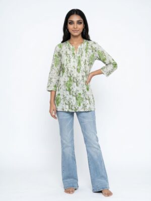 Women Printed Silk Blend  A- Line Short Kurti