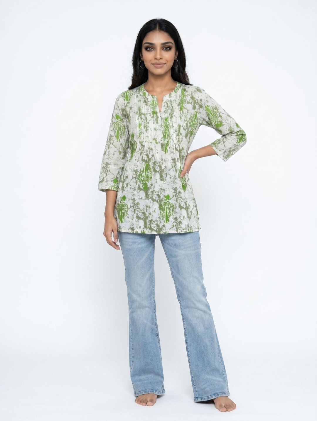Women Printed Silk Blend A- Line Short Kurti