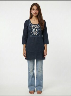 Women Woven Cotton Embroidered Short Kurti Tunic Top