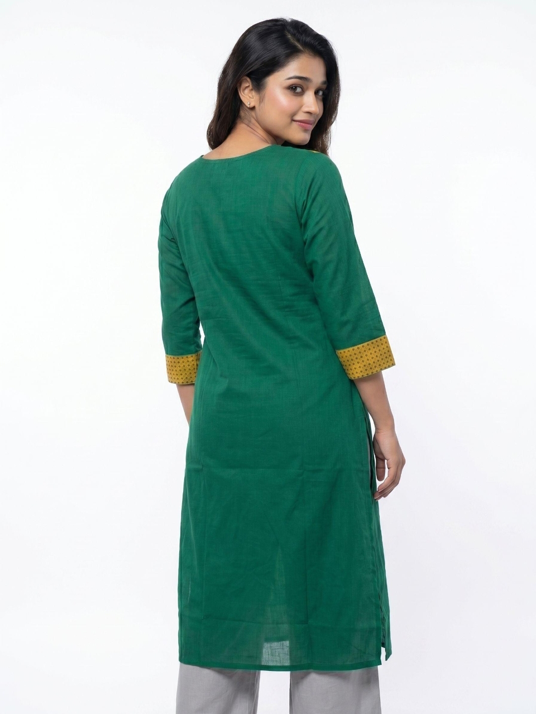 Women Solid Cotton Straight Kurti With Embroidered Patchwork Yoke - Image 5