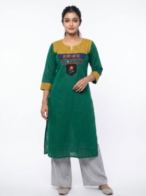 Women Solid Cotton Straight Kurti With Embroidered Patchwork Yoke
