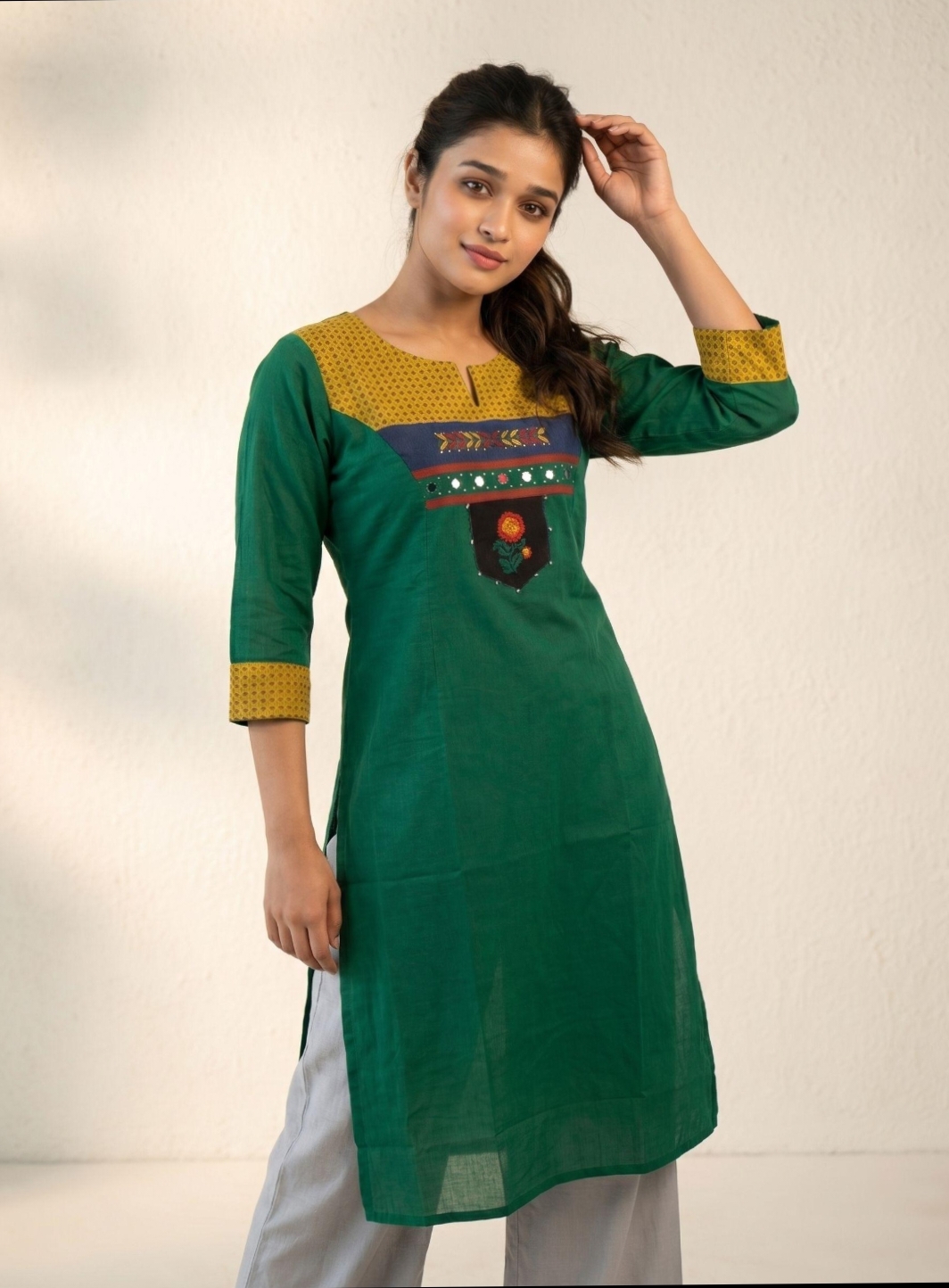 Women Solid Cotton Straight Kurti With Embroidered Patchwork Yoke - Image 3