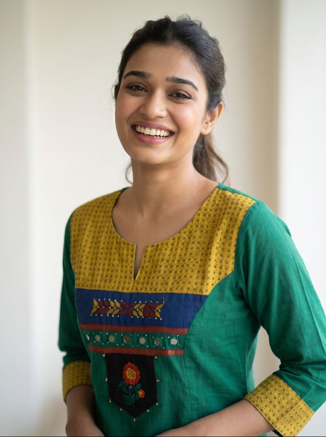 Women Solid Cotton Straight Kurti With Embroidered Patchwork Yoke - Image 4