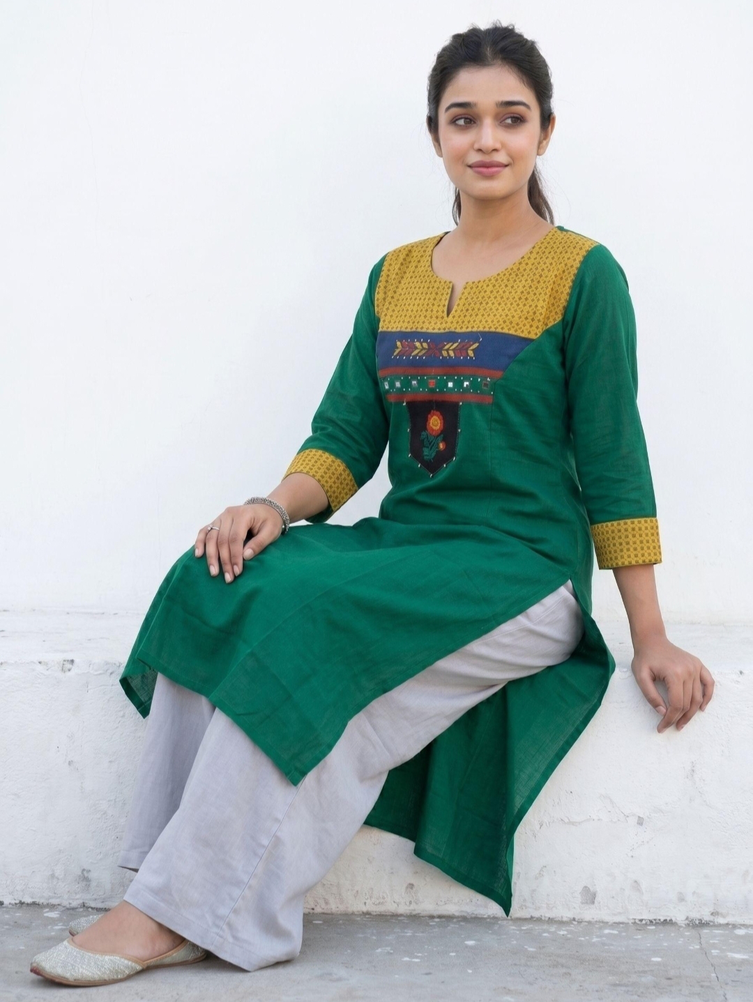 Women Solid Cotton Straight Kurti With Embroidered Patchwork Yoke - Image 2