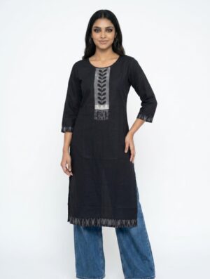 Women Woven Cotton Straight Kurti With Ikkat Border